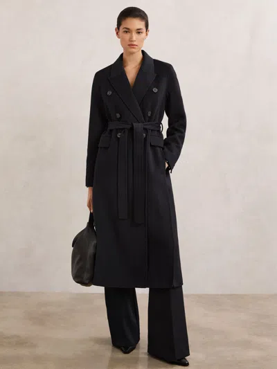 Reiss Navy Double-breasted Blindseam Coat Wool-blend In Animal Print