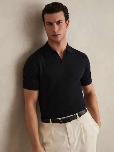 Reiss Navy Duchie Merino Wool Open Collar Polo Shirt In Black