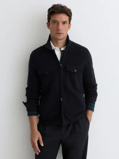 Reiss Navy Dunstall Wool Knitted Zip-through Overshirt In Blue