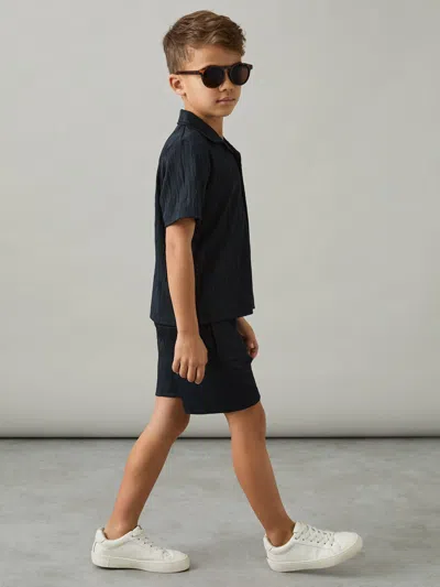 Reiss Navy 9-13 Yrs Wave Jacquard Cuban Collar Shirt