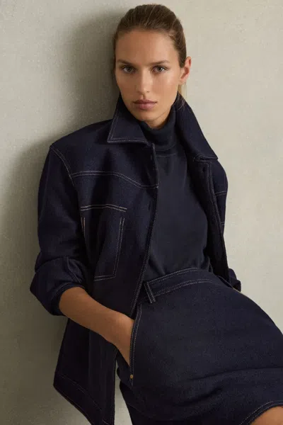 Reiss Navy Wool-blend Topstitch Woven Shirt