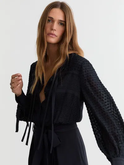 Reiss Navy Embroidered Long-sleeve Belted Playsuit In Blue