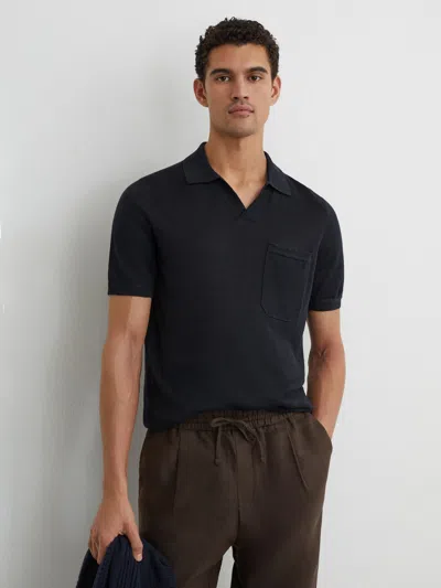 Reiss Navy Fairmont Linen Open-collar Knit Polo Shirt In Blue