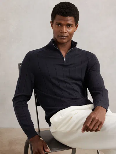 Reiss Navy Findlay Merino Wool Wide-rib Half-zip Jumper In Blue