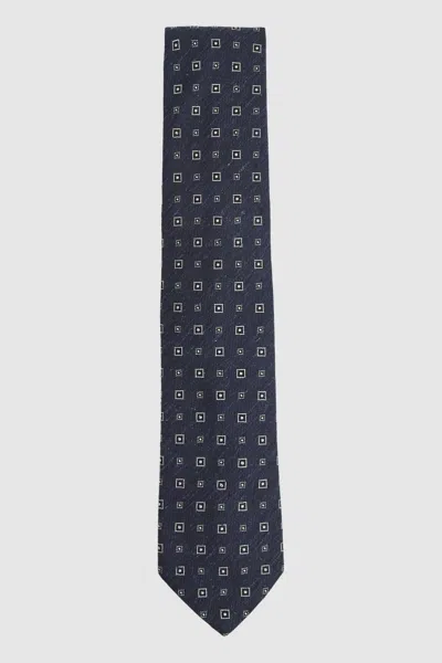 Reiss Navy Foulard Silk Blend Tie With Medallion Pattern