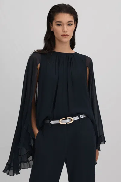 Reiss Francesca Ruffle Cape Sleeve Top In Navy