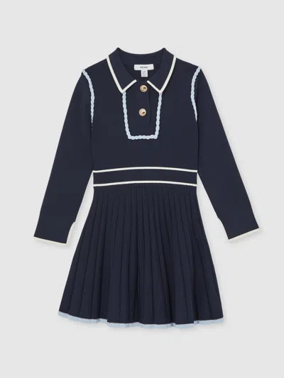 Reiss Navy Freya 13-14 Yrs Piped Knitted Skater Dress In Blue