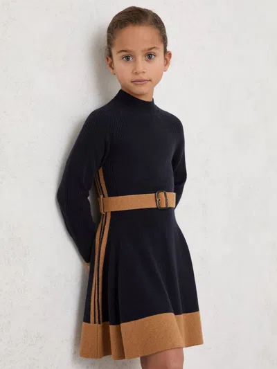 Reiss Navy Margaret 3-9 Yrs Wool-blend Belted Knitted Dress With Cashmere In Multi