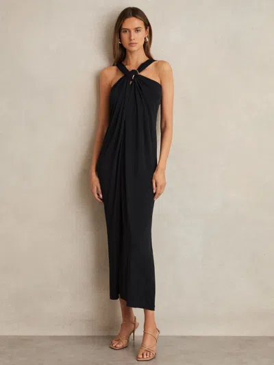 Reiss Navy Gathered Neck Jersey Midi Dress In Blue