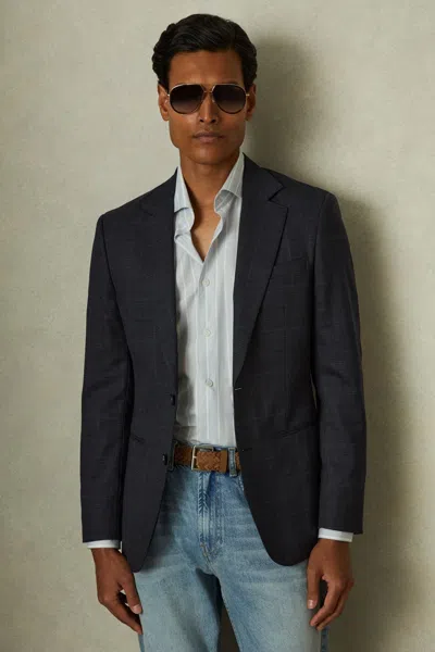 Reiss Navy Single-breasted Wool Blend Blazer In Prince Of Wales Check