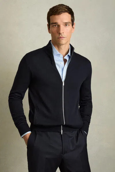 Reiss Navy Merino Wool Zip-through Cardigan