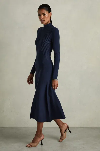 Reiss Navy Hannah Round Neck Ribbed Midi Dress
