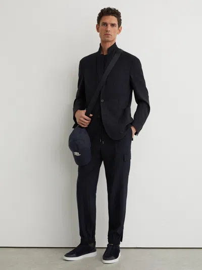 Reiss Navy Hidden Slim-leg Drawstring Cargo Trousers In Black