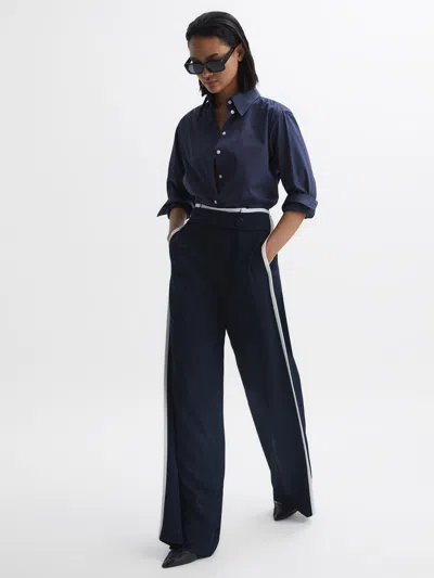 Reiss Navy High Rise Wide Leg Trousers In Black
