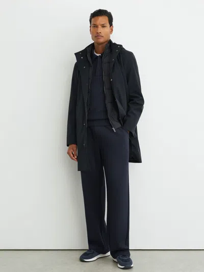 Reiss Navy Hybrid Gilet-insert Overcoat With Hood In Blue