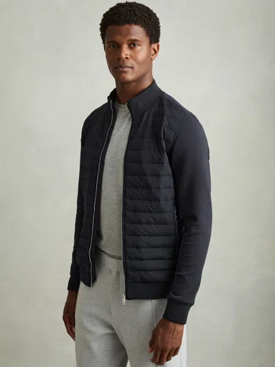 REISS NAVY HYBRID QUILT AND INTERLOCK JERSEY ZIP-THROUGH JACKET