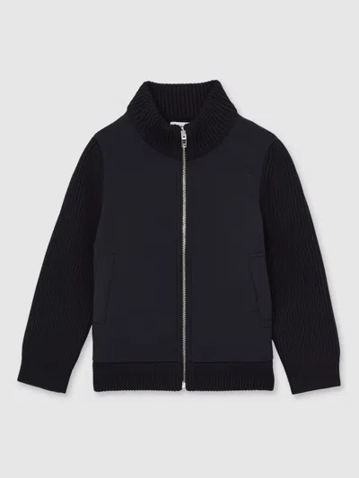 Reiss Navy Hybrid Quilt And Knit Zip-through Jacket In Black