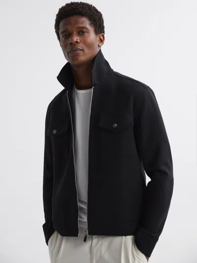 Reiss Navy Interlock-jersey Zipped Overshirt In Black