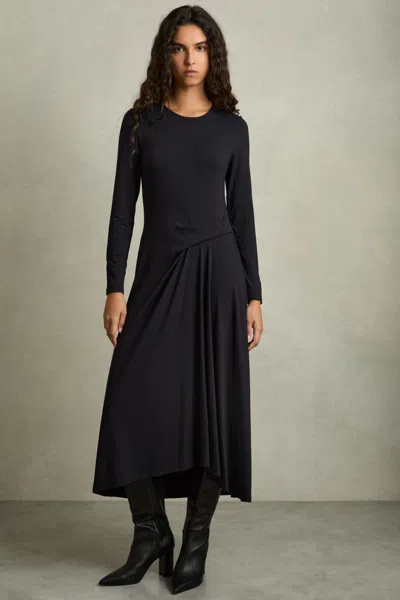 Reiss Navy Jersey Draped Midi Dress