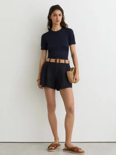 Reiss Navy Jacquard Belted Shorts With Linen In Blue