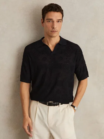 Reiss Navy Jacquard Loop-stitch Polo Shirt In Blue