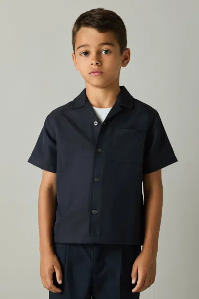 Reiss Navy 9-13 Yrs Twill Cuban Collar Shirt