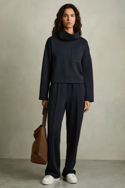 Reiss Navy Interlock Jersey Pintuck Drawstring Joggers