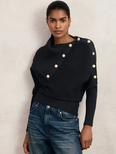 REISS NAVY RIB-KNIT BUTTON SHAWL JUMPER