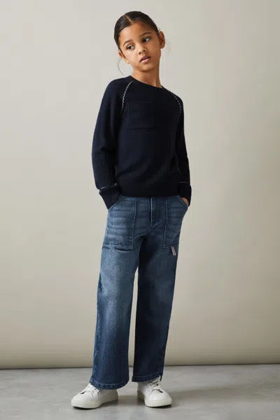 Reiss Navy 4-9 Yrs Contrast Stitch Wool Blend Crew Neck Jumper