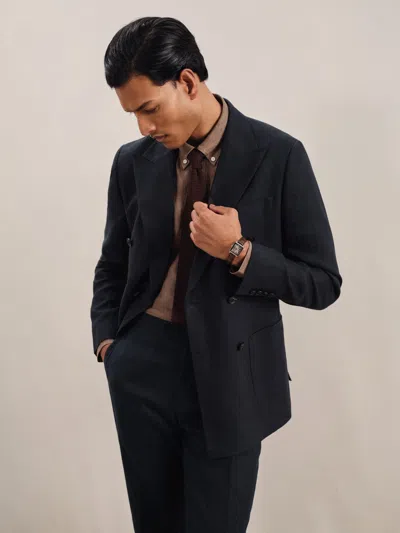Reiss Navy Kin Db Linen Double-breasted Suit Slim-fit Blazer In Blue