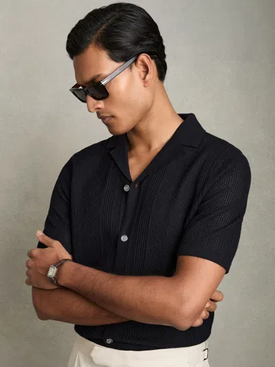 Reiss Navy Kipling Textured-knit Short-sleeve Shirt In Blue