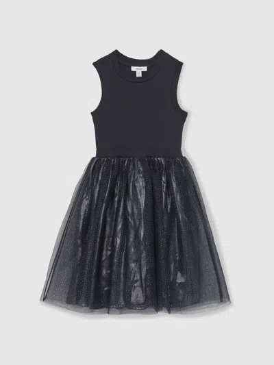 Reiss Navy Knit-bodice Tulle Dress In Black