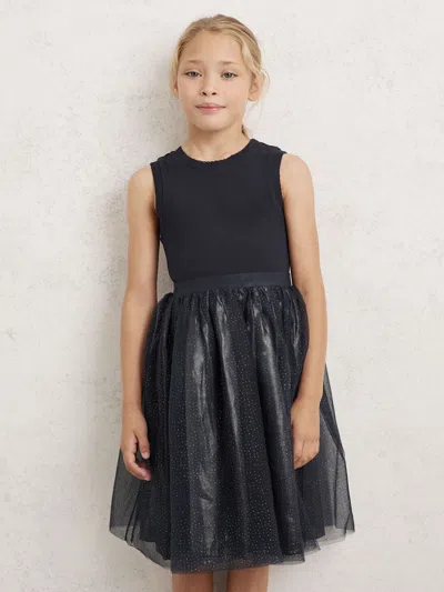 Reiss Navy Knit-bodice Tulle Dress In Black
