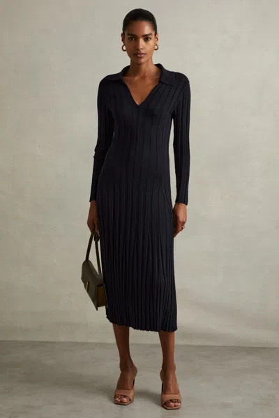 Reiss Navy Winnie Knitted Open Collar Midi Dress In Navy