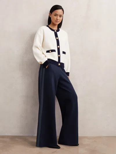 Reiss Navy Knitted Side-stripe Wide-leg Trousers In Blue