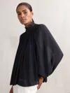Reiss Navy Lace-trim Draped Chiffon Top In Blue