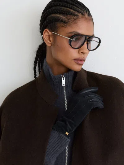 Reiss Navy Leather And Suede Gloves In Red