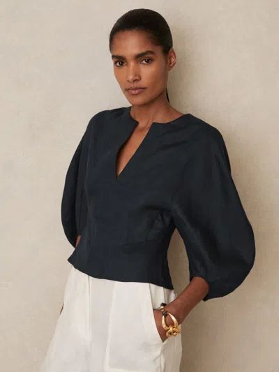Reiss Navy Linen Balloon-sleeve Top In Black