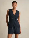 Reiss Navy Linen Button-front Waistcoat In Blue