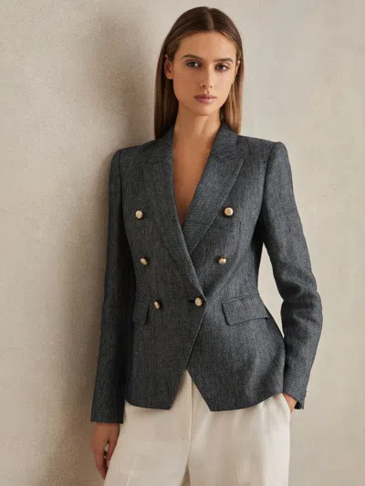 REISS NAVY LINEN-COTTON DOUBLE-BREASTED BLAZER