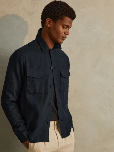 Reiss Navy Linen Overshirt In Blue