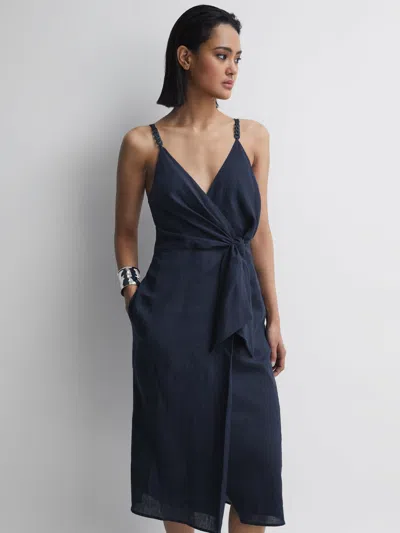 Reiss Navy Linen Side Tie Midi Dress In Blue