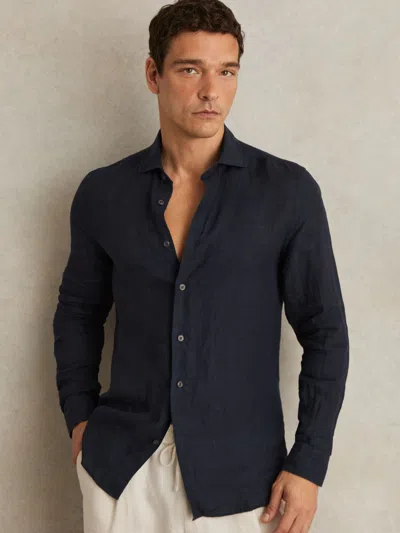 REISS NAVY LINEN BUTTON-THROUGH SHIRT