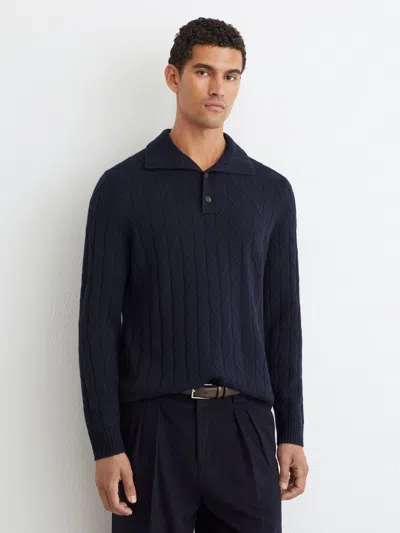 Reiss Littleton Wool Half Button Diagonal Stitch Sweater In Blue