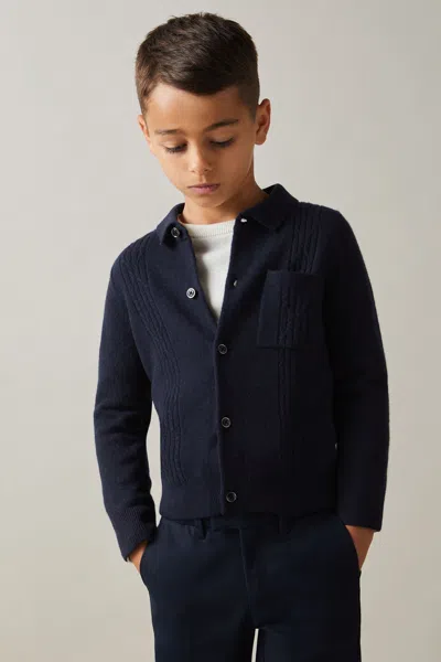 Reiss Navy Lockhurst Wool Cable Knit Cardigan