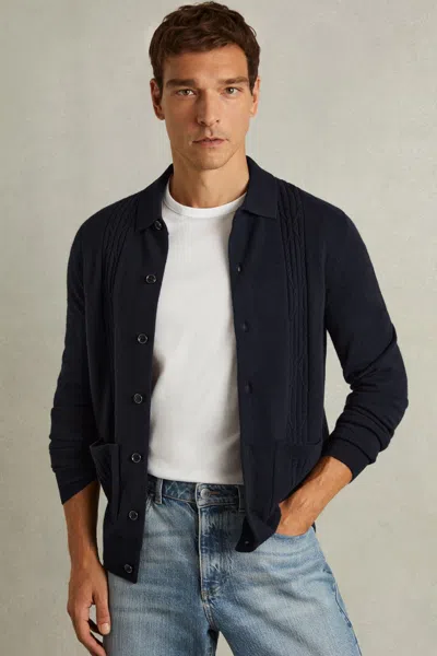 Reiss Navy Wool Cabled-knitted Cardigan