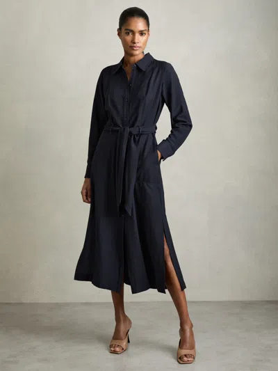 Reiss Navy Long-sleeve Belted Midi Dress In Blue