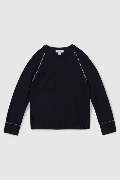 REISS REISS NAVY LYDIA 13-14 YRS CONTRAST STITCH WOOL BLEND CREW NECK JUMPER