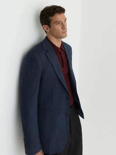 Reiss Navy Manci Single-breasted Herringbone Blazer Tailored-fit With Cotton In Blue