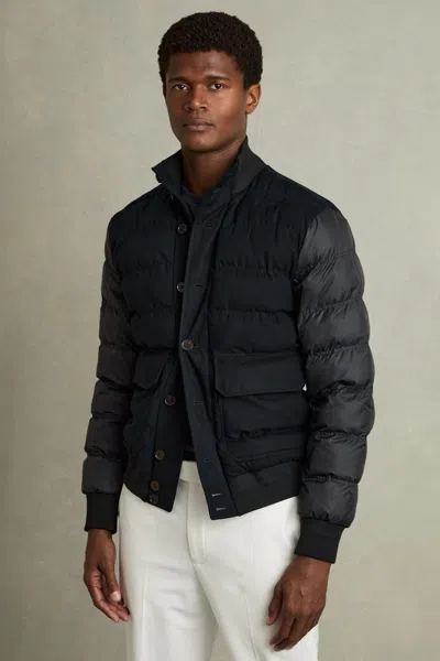 Reiss Navy Marsian Patch-pocket Quilted-alcantara Jacket